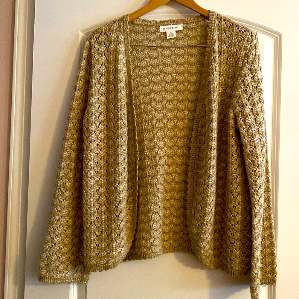 Skye’s The Limit open front cream, white, and gold cardigan. Size L NWT